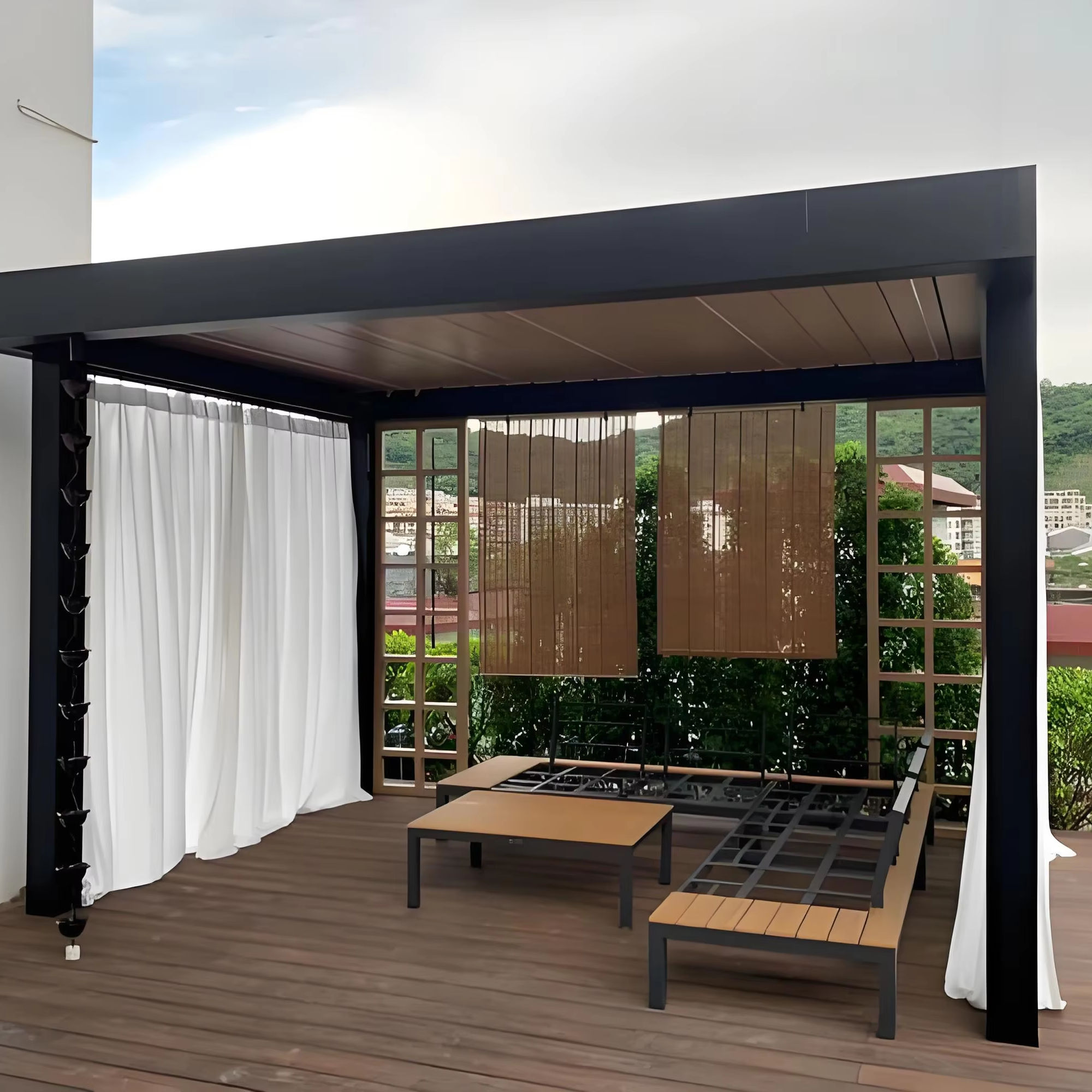 Outdoor Furniture Gazebo - 豪華な粉体塗装の防錆アルミ合金製パビリオン、耐ハリケーン衝撃性パーゴラ、調整可能なブラインド付き、雨よけガゼボ