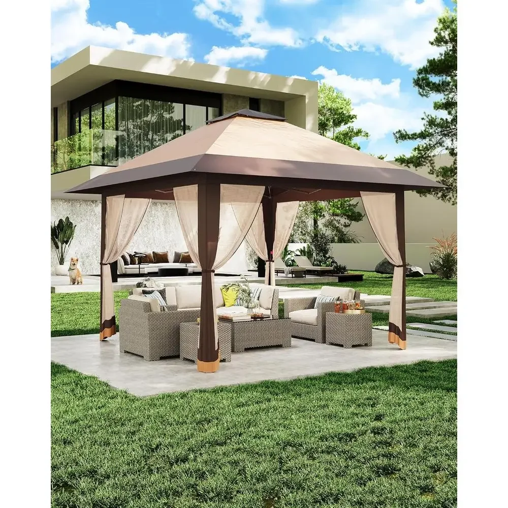 Outdoor Furniture Gazebo - 13x13フィートの屋外用ガゼボ、メッシュカバー付き、高さ調節可能、キャリーバッグ付き - カーキ色で、裏庭やバルコニーの家具に最適