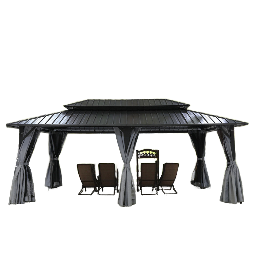 Outdoor Furniture Gazebo - 屋外用アルミフレームキャノピー＆ガゼボパーゴラ、二重金属屋根ハードトップ、常設蚊帳付き屋外家具パビリオン