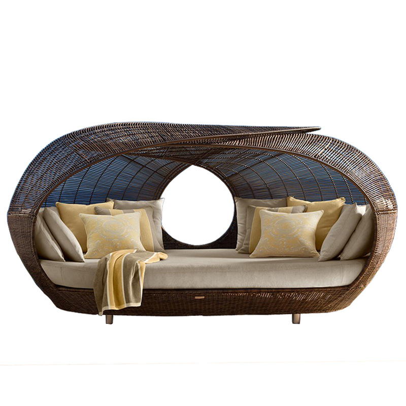 Outdoor Furniture Quality - 屋外用高品質ラタン製ハーフラウンドデイベッド、柔らかいクッション付きウィッカーパティオ家具デイベッド/ガーデンサンベッド
