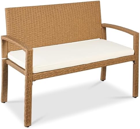 Outdoor Furniture Bench - 屋外ベンチ 2人用籐製ガーデンパティオベンチ 庭やポーチ用の座席家具 シートクッション付き、耐荷重700ポンド