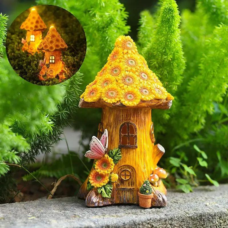 Outdoor Furniture Resin - 2026 Fuuny 樹脂製ツリーハウスソーラー装飾ライト小さな家の装飾品屋外庭庭バルコニーパティオ装飾芝生ライト
