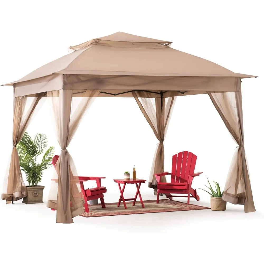 Outdoor Furniture Gazebo - モダンな11x11フィートのポップアップ式インスタントガゼボ、屋外用ポータブルスチールフレーム2層トップテント（ネットとキャリーバッグ付き）、パティオガゼボ