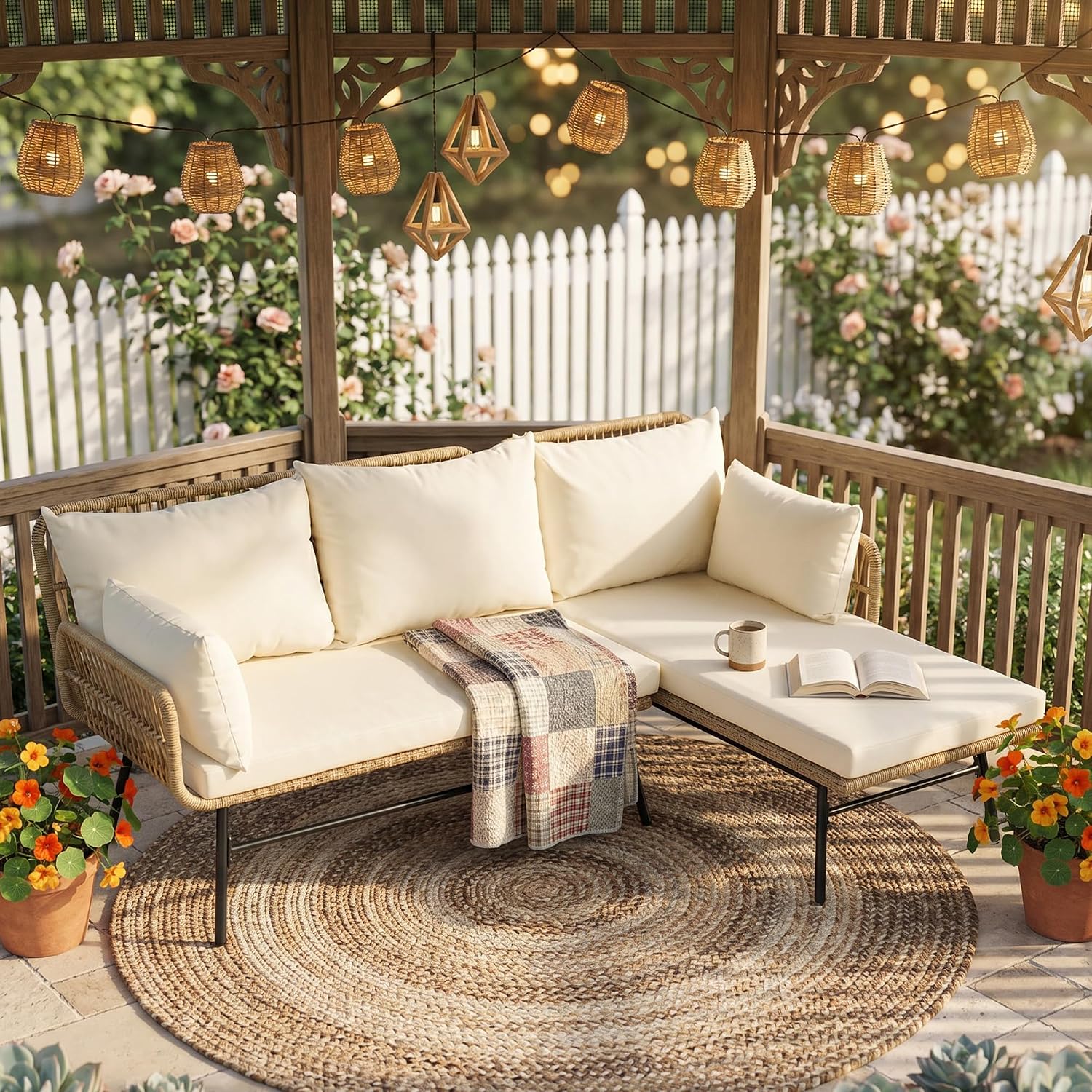 Outdoor Furniture L Shape - 3ピースボヘミアンパティオ家具セット、快適なクッション付き、籐製屋外セクショナルソファ、L字型ラウンジ会話用、カスタムメイド