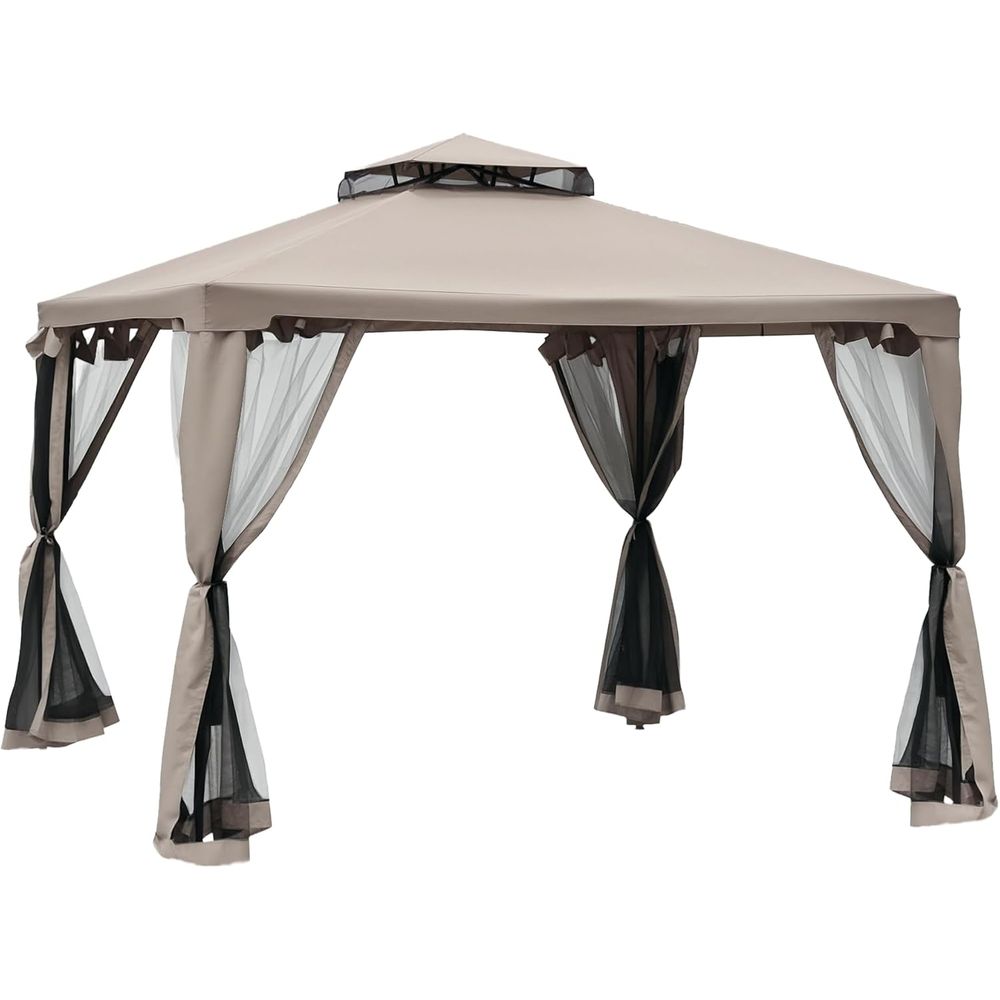 Outdoor Furniture Gazebo - 9.6フィート x 9.6フィートのパティオガゼボ、2層屋根とネット付き屋外シェルター、スチール製、庭、芝生、裏庭、デッキ用、トープ色