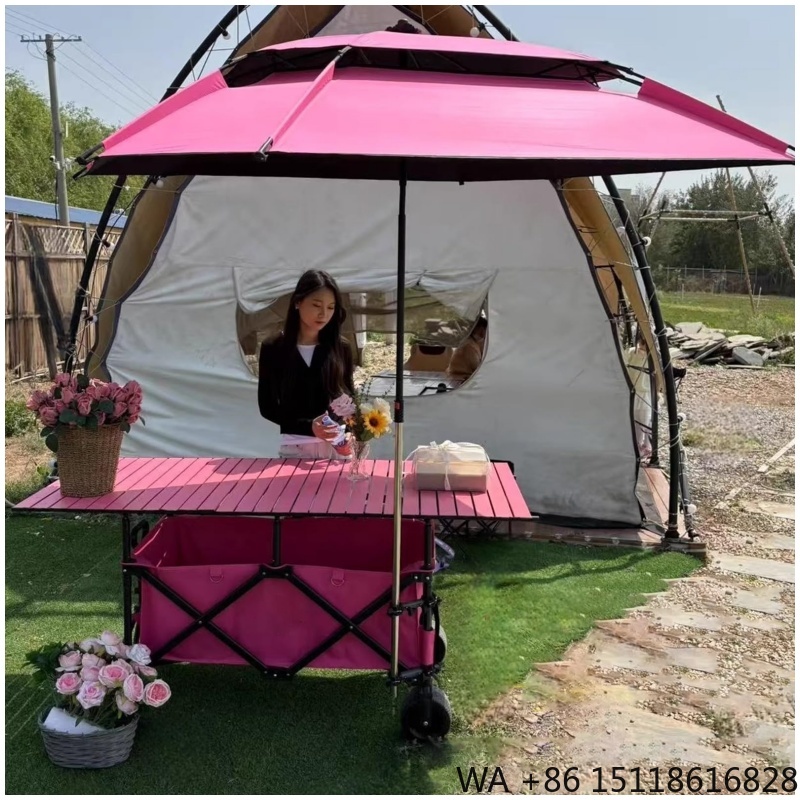 Outdoor Furniture Quality - 420L高品質4段階高さ調節可能ヘビーデューティー折りたたみ式ワゴン（キャノピー付き、ピンク、幅広ホイール）キャンプ＆販売カート用