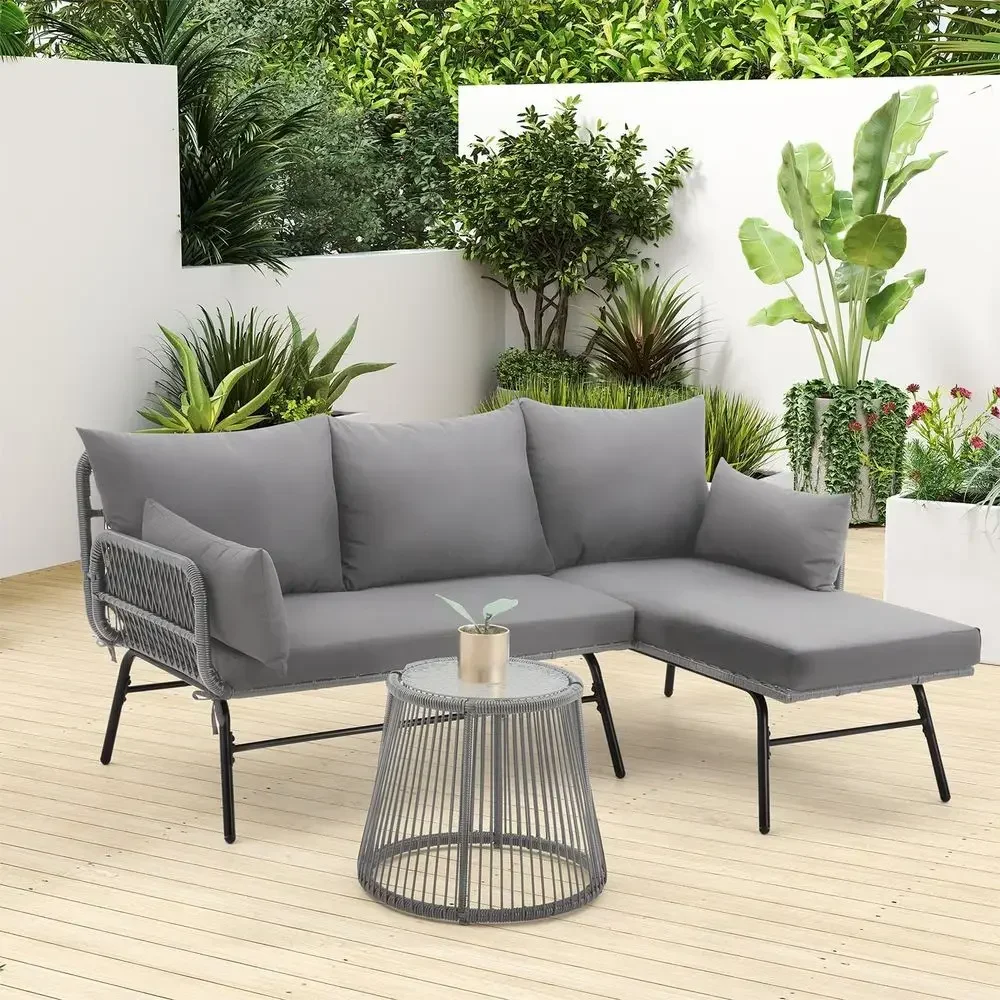 グレーのL字型セクショナルパティオ家具セット（クッションとガ - Outdoor Furniture L Shape のレビューと価格