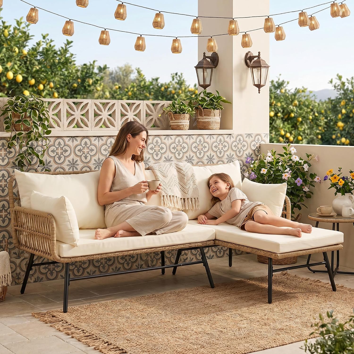 3ピースボヘミアンパティオ家具セット、快適なクッション付き、 - Outdoor Furniture L Shape のレビューと価格