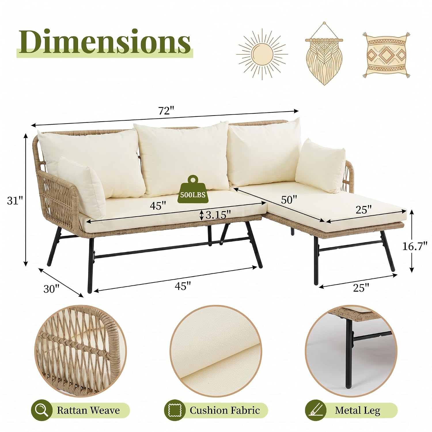 3ピースボヘミアンパティオ家具セット、快適なクッション付き、 - Outdoor Furniture L Shape のレビューと価格