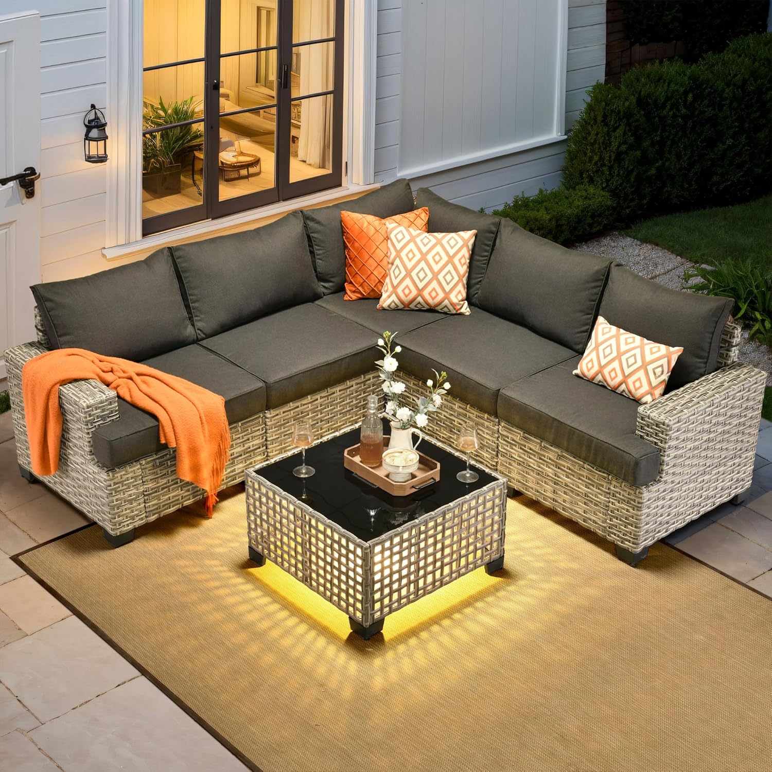 屋外用セクショナルパティオ家具セット、6ピース籐製会話用セッ - Outdoor Furniture L Shape のレビューと価格
