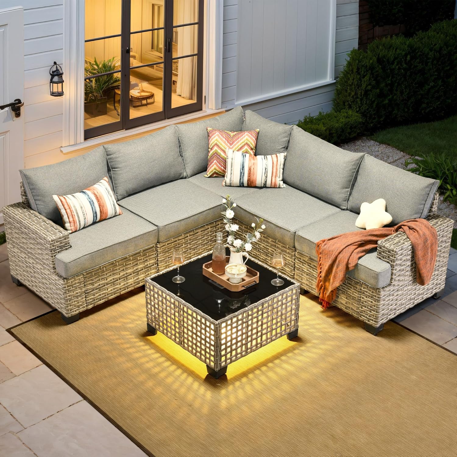 屋外用セクショナルパティオ家具セット、6ピース籐製会話用セッ - Outdoor Furniture L Shape のレビューと価格