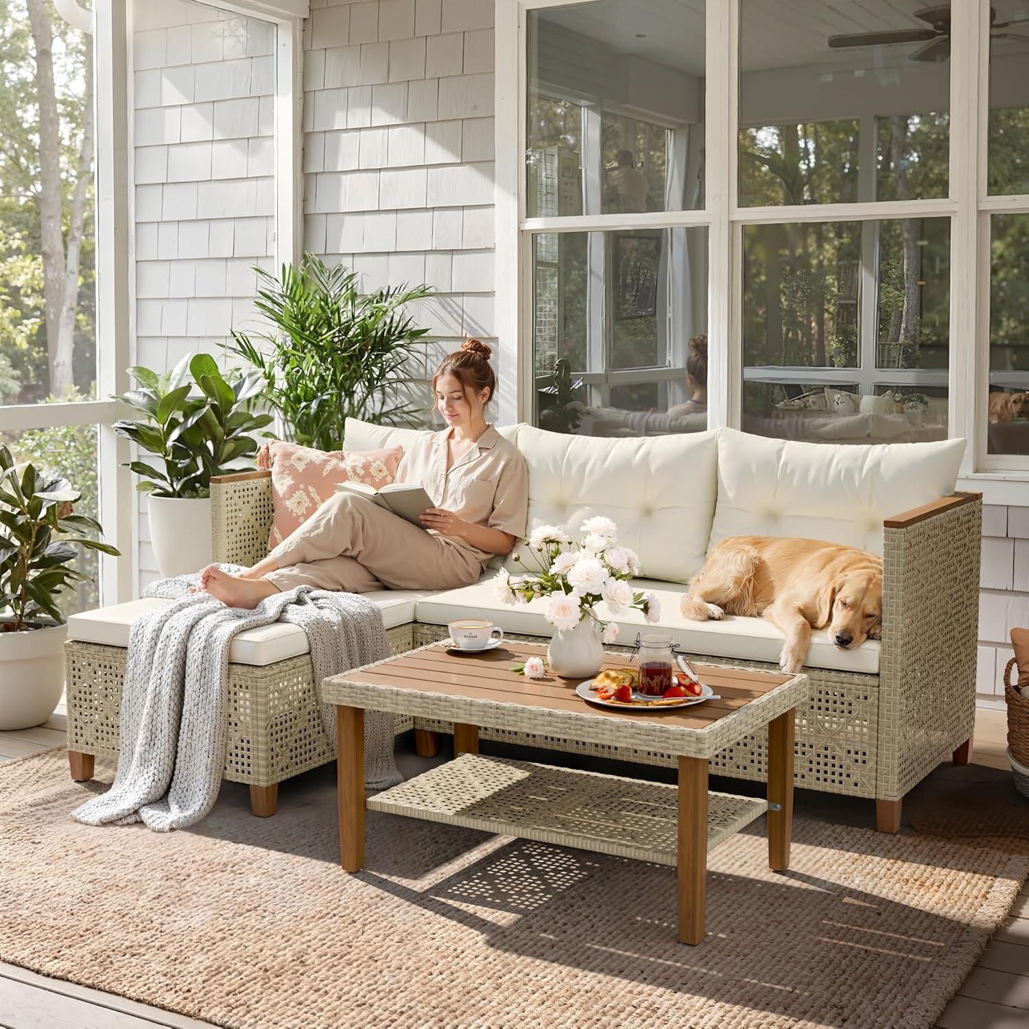 全天候型モジュール式PEウィッカーL字型ソファセット、手織り - Outdoor Furniture L Shape のレビューと価格